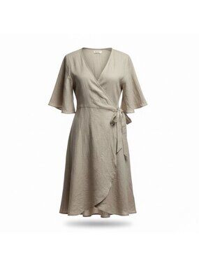 Lu•Ciee Womens Beige Linen Wrap Dress Eco-Friendly Summer Tie Waist Sz S